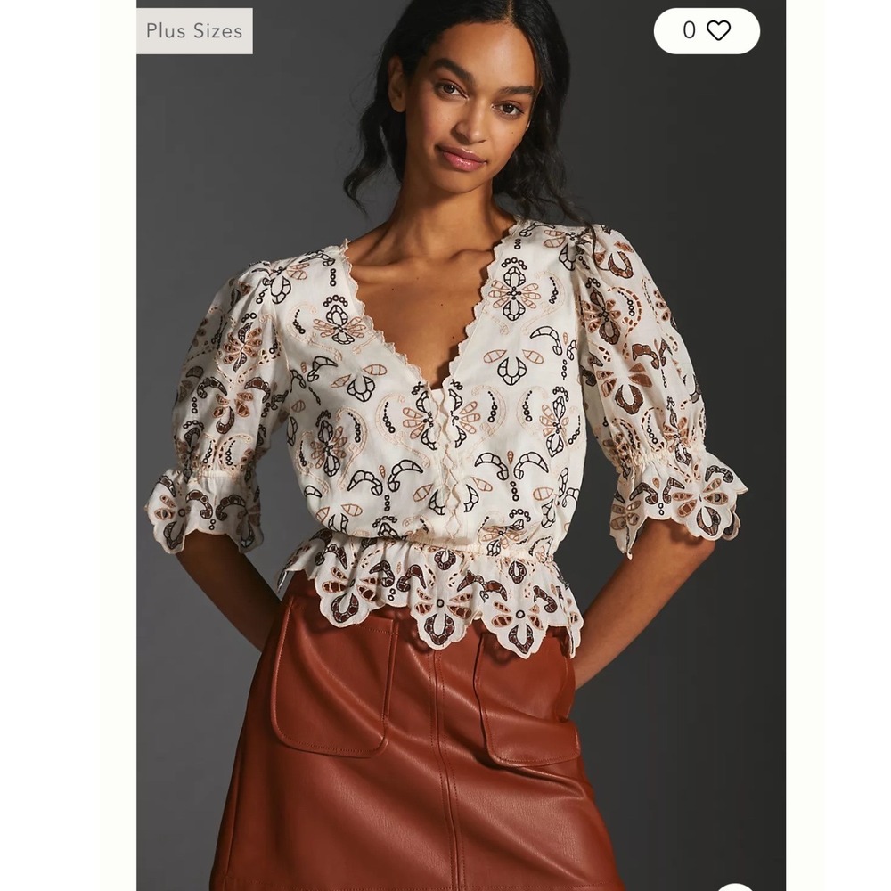 By Anthropologie Eyelet Embroidered Scalloped Boho Feminine V-Neck Peplum Top